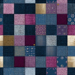 Seamless patchwork pattern with colorful square textile pieces and textured fabric design for creative backgrounds