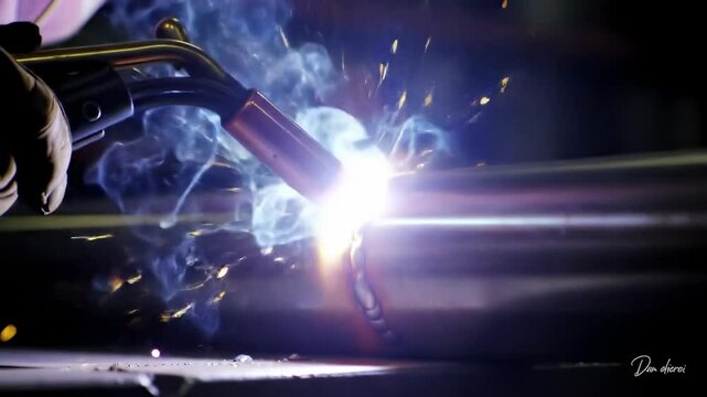 Closeup industrial welding process on metal pipe in manufacturing setting