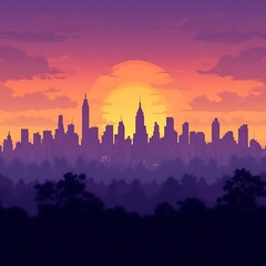 Silhouette of a city skyline at sunset over a forested area.