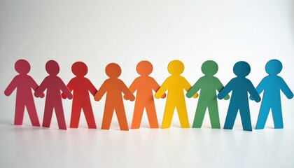 Illustration shows colorful paper people holding hands in a line against a white background. Represents unity, togetherness, friendship, and connection through simple cut-out figures.