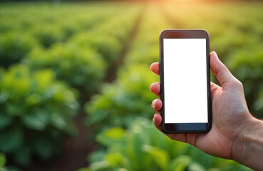 Fototapeta na wymiar Man holds smartphone with blank white screen in organic vegetable farm field. Use for app info, advertising. Sunny day, green plants, farming technology, agriculture business, food growth.