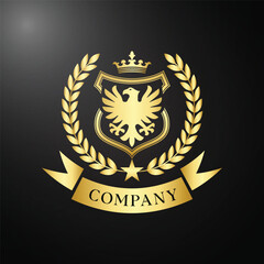 Obraz premium Luxury Golden Eagle Crest Logo with Crown and Laurel on Black Shield Background