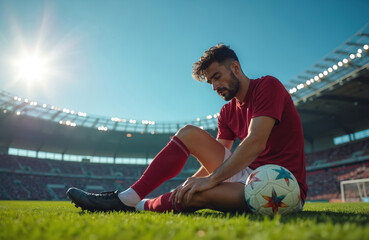 Soccer player sits on grass, holding injured knee during champion league match. Bright stadium lights shine on athlete. Focus on painful leg injury, treatment need. Dramatic sport moment.