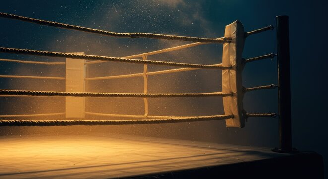 Empty Boxing Ring Illuminated by a Single Spotlight, Showcasing the Ropes and Corner Post Details
