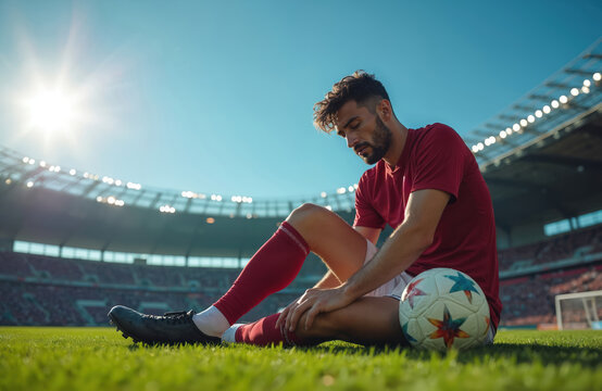 Soccer player sits on grass, holding injured knee during champion league match. Bright stadium lights shine on athlete. Focus on painful leg injury, treatment need. Dramatic sport moment.