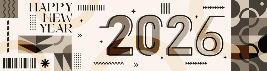 Happy New Year 2026 text design Modern Calligraphy Greetings on a Stylish background with geometric patterns, abstract pattern with lines, new year celebration design, colorful vector illustration