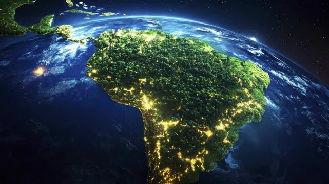 Night view of South America from space, showing city lights and lush forests.