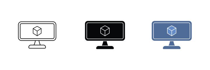 Vector icon set. Premium glyph icon showing digital modelling process. Monitor Screen and a cube.