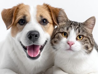 Adorable close-up photo of a happy playful dog and a curious calm cat sitting together looking at the camera on a plain background