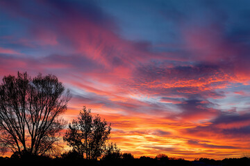 Fototapeta premium sunset sky with vibrant ombre layers from deep orange to soft lavender, serene atmosphere, 