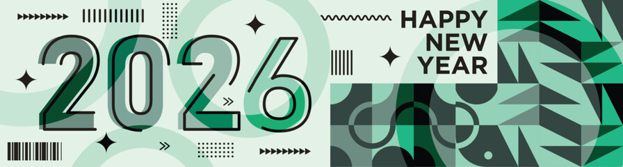 Happy New Year 2026 text design Modern Calligraphy Greetings on a Stylish background with geometric patterns, abstract pattern with lines, new year celebration design, colorful vector illustration