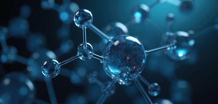 Close-up 3D rendering blue transparent molecules and spheres with light effects on dark background. Represents chemistry, science, technology, medicine, biology, abstract art and clean water.