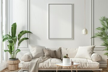 Detailed Color Image of Living Room with Blank Wall Frame Mockup