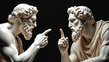 Two ancient philosopher statues in intense debate, fingers pointing. Timeless dialogue, intellectual discourse captured. Focus on wisdom, cognition, learning concepts. Represents history, culture,