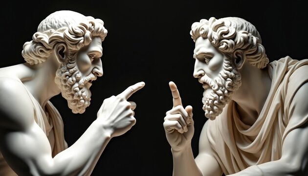 Two ancient philosopher statues in intense debate, fingers pointing. Timeless dialogue, intellectual discourse captured. Focus on wisdom, cognition, learning concepts. Represents history, culture,