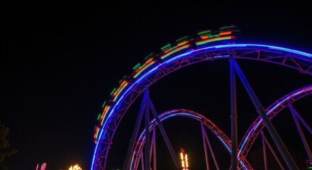 Illuminated roller coaster at night capturing the thrill and energy of an amusement park ride