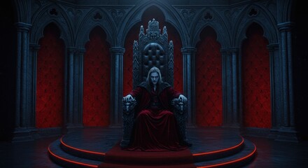 Regal presence in gothic architecture a solitary figure enthroned in a dark majestic hall