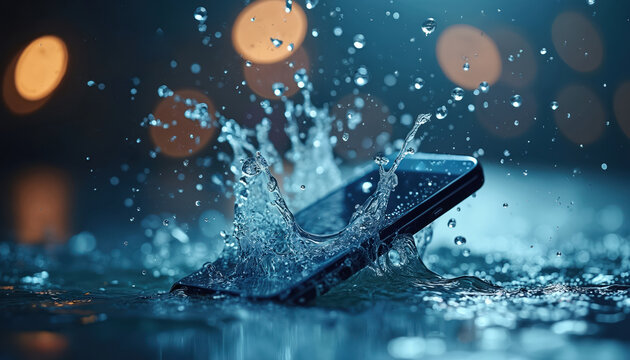 Submerged smartphone in water with splashing droplets indicates mobile phone warranty insurance service. Protects device against accidental drops, liquid damage. Offers safety, cover, support, claim - Powered by Adobe
