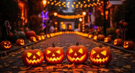 Fototapeta premium Four glowing carved jack o lanterns on a cozy residential street decorated for halloween at twilight