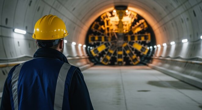 Male civil engineer in hard hat observing a large tunnel boring machine in a modern underground tunnel