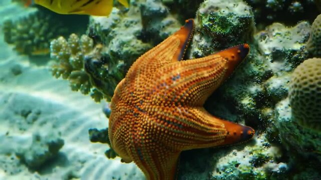 a starfish clinging to a coral in the crystal-clear water