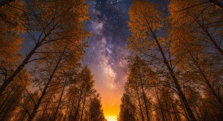 Looking up through autumn birch trees at milky way and amber twilight sky
