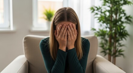 Young woman covering her face with hands, sitting on an armchair, expressing sadness, stress, or despair at home