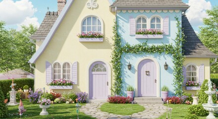 Obraz premium Pastel-colored cottage with flower boxes, vines, and a stone path. Surrounded by lush garden and decorative elements