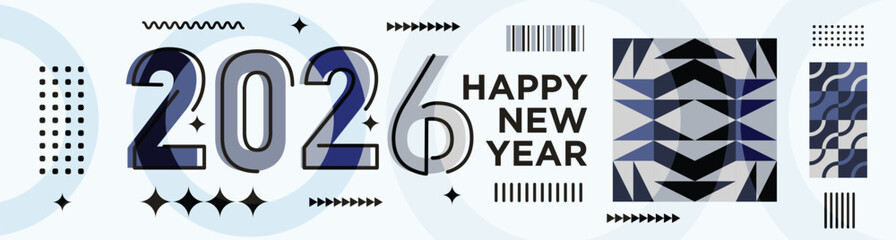 Happy New Year 2026 text design Modern Calligraphy Greetings on a Stylish background with geometric patterns, abstract pattern with lines, new year celebration design, colorful vector illustration
