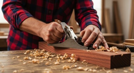 Professional male carpenter hands using a vintage hand plane on dark wood with shavings