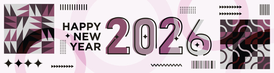 Happy New Year 2026 text design Modern Calligraphy Greetings on a Stylish background with geometric patterns, abstract pattern with lines, new year celebration design, colorful vector illustration