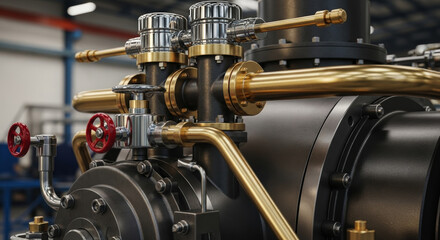 Obraz premium Detailed view of modern industrial steam engine with brass pipes and chrome valves
