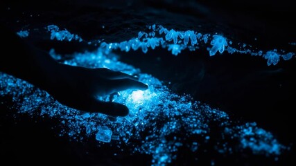 Bioluminescent Hand Touching Glowing Algae in Dark Ocean Water at Night