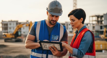 Professional construction managers reviewing building plans on digital tablet