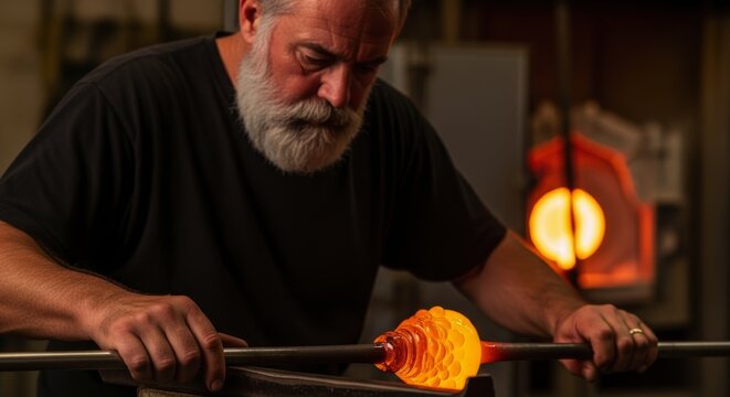 Skilled glassblower shaping molten glass on a blowpipe in a hot workshop