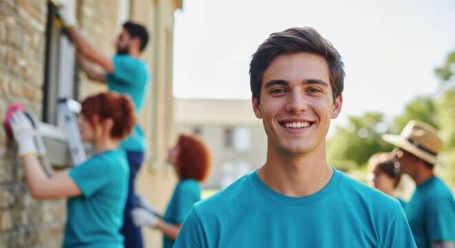 Happy young male volunteer smiling during outdoor community service work
