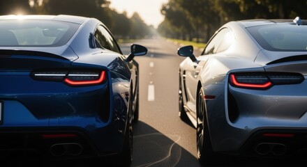 Dynamic rear view of blue and silver modern sports cars on a sunlit road