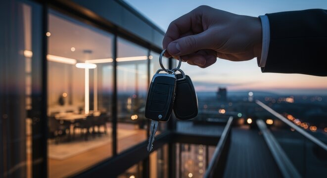 Man hand holding car keys on a luxury apartment balcony overlooking a vibrant city at dusk