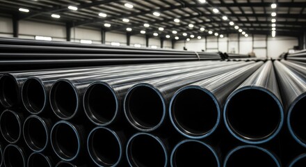 Long series of large, glossy black plastic pipes neatly stacked in a warehouse.