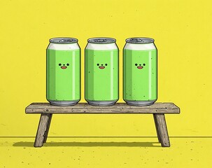 .Soda can in green packaging and plain wooden table, simple flat vector illustration, yellow background,