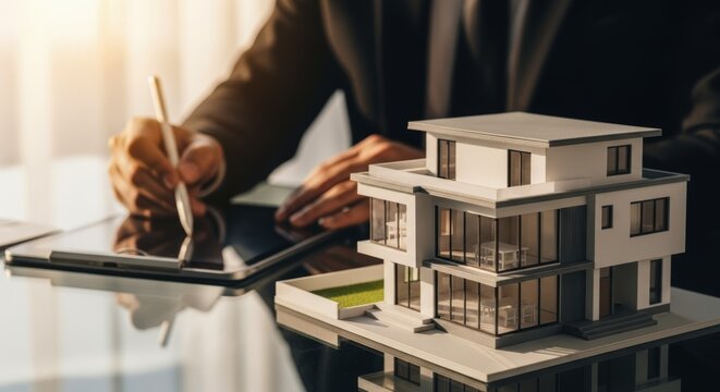 Contemporary house model and a professional using a digital tablet for architectural planning
