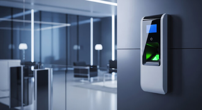 A sophisticated biometric access control scanner with a glowing green light in a modern office environment.