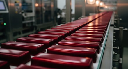 Obraz premium Long line of glossy red packaged chocolate bars on a factory conveyor belt
