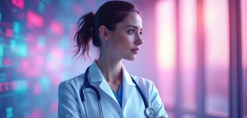 Obraz premium Medical pro with stethoscope. Futuristic tech background, glowing holograms, digital data streams. Represents healthcare innovation, AI in medicine, science, research, biotech advancements.