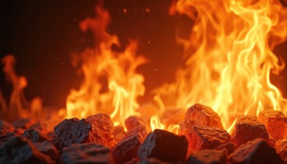 Close-up of burning coals with vivid flames, glowing embers. Fiery texture creates intense heat, energy. Orange, red colors convey warmth, passion. Perfect background for designs needing dramatic,