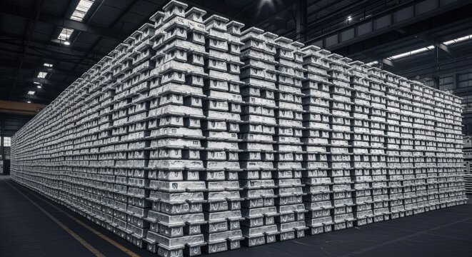 Large stack of gleaming newly cast aluminum ingots in industrial warehouse