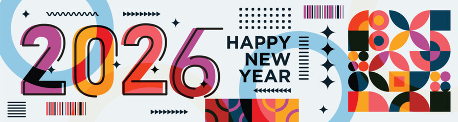 Happy New Year 2026 text design Modern Calligraphy Greetings on a Stylish background with geometric patterns, abstract pattern with lines, new year celebration design, colorful vector illustration