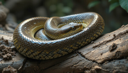Fototapeta premium Coiled Brown and Yellow Snake Resting Peacefully on a Tree Branch