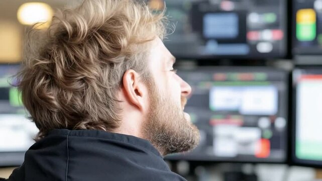 Focused Observer: A man with a thoughtful expression, his eyes fixated on a network of screens. He is immersed in a moment of deep concentration.