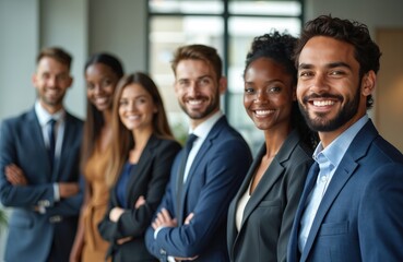 Diverse business team, confident professionals in modern office setting. Smiling, proud people wear formal attire. Strong teamwork, positive attitudes, success in corporate environment. Multiracial